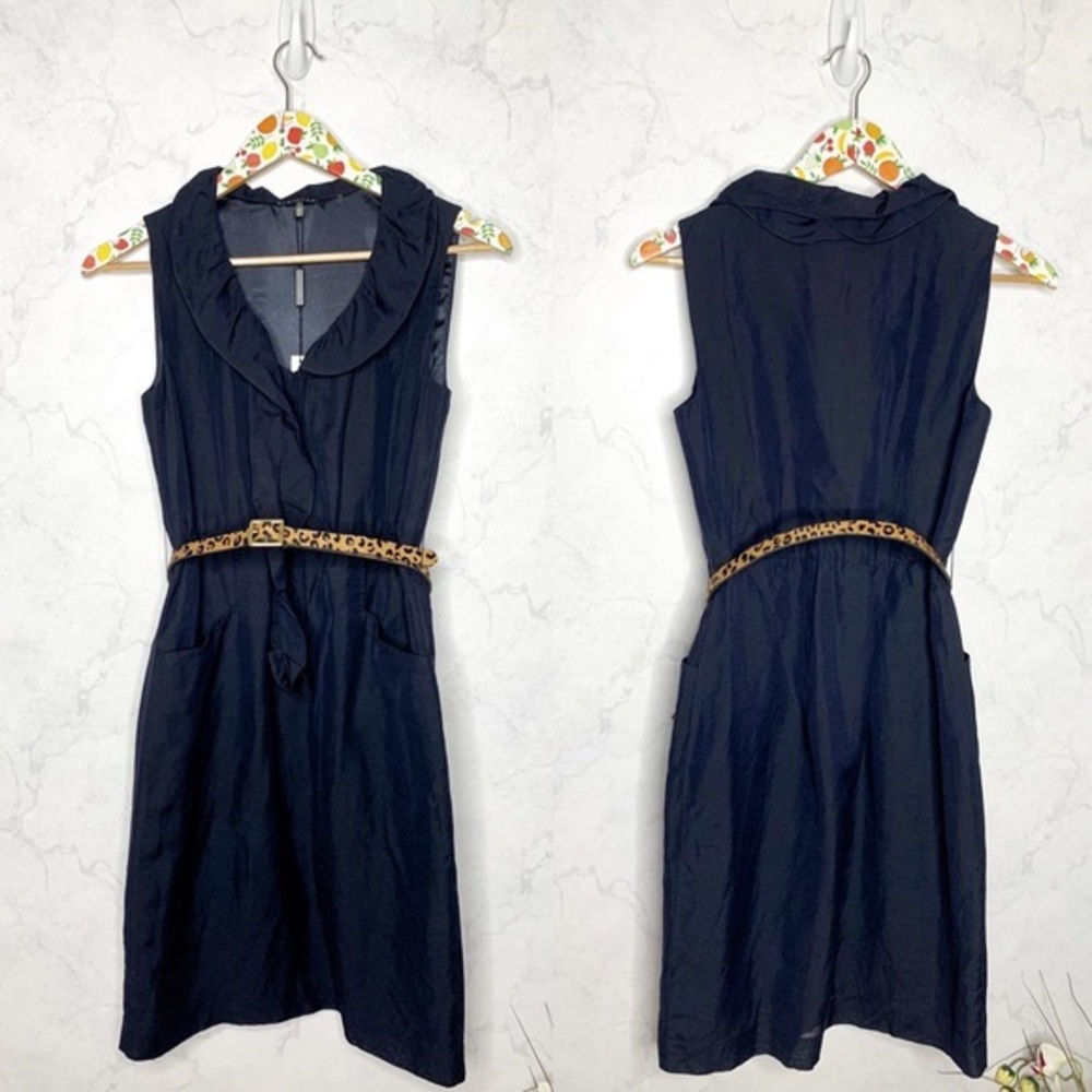 Elie Tahari navy blue linen sheath dress with ruffles